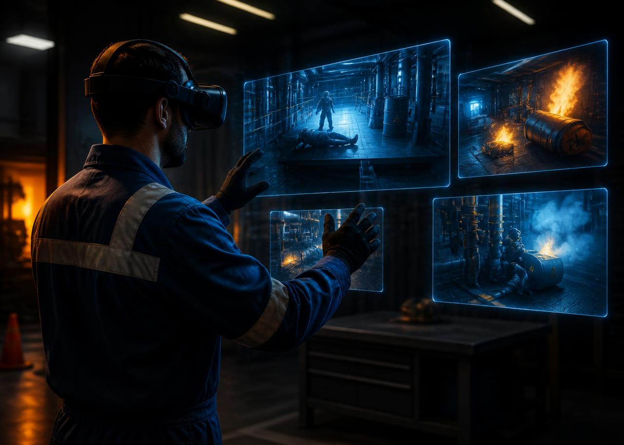 Participante entrenando con visor de Realidad Virtual en un entorno industrial simulado