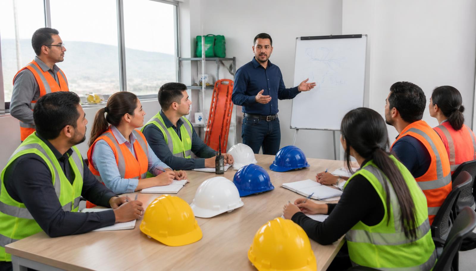 Instructor profesional explicando procedimientos de emergencia a los integrantes de una brigada durante una capacitación