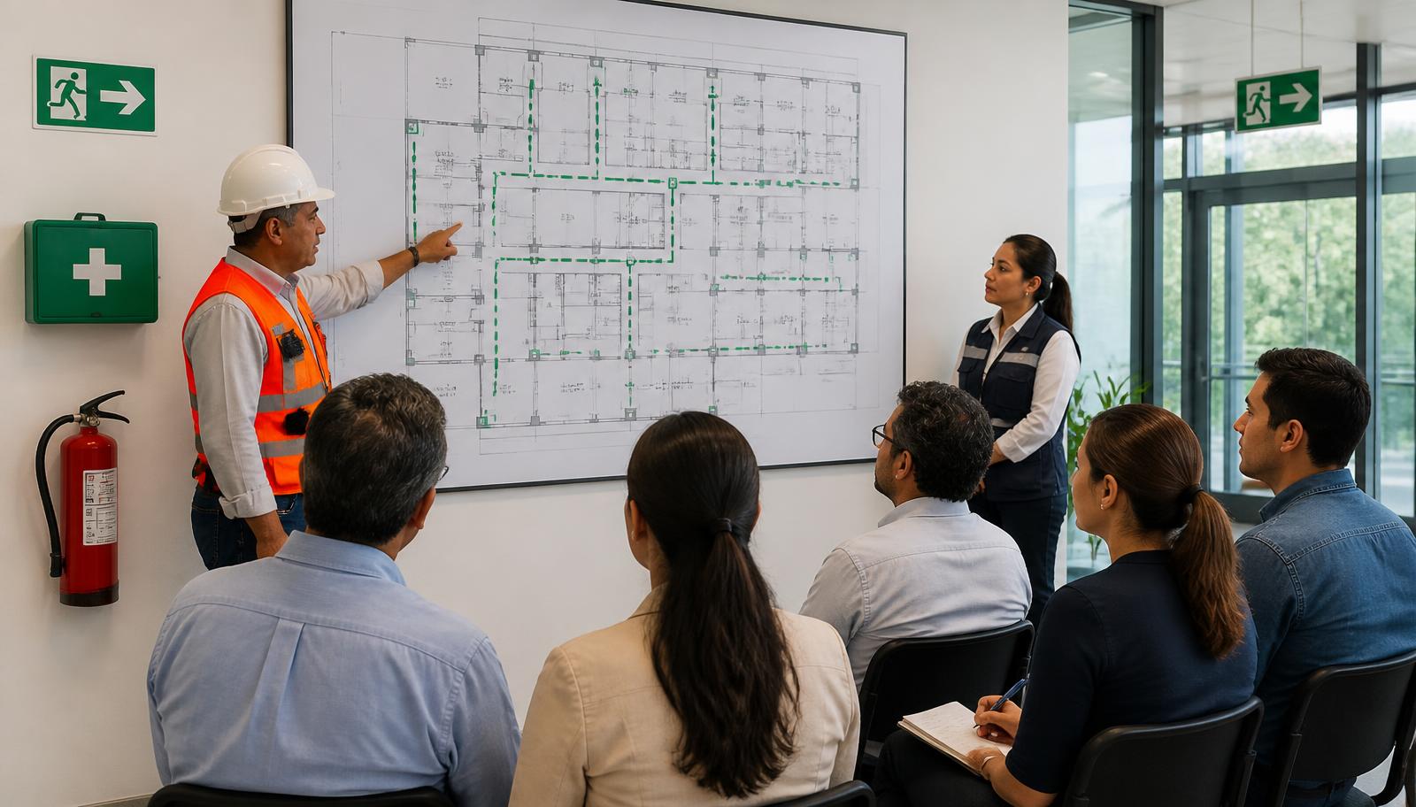 Especialista en Protección Civil explicando un plan de emergencia y rutas de evacuación a un grupo de trabajadores