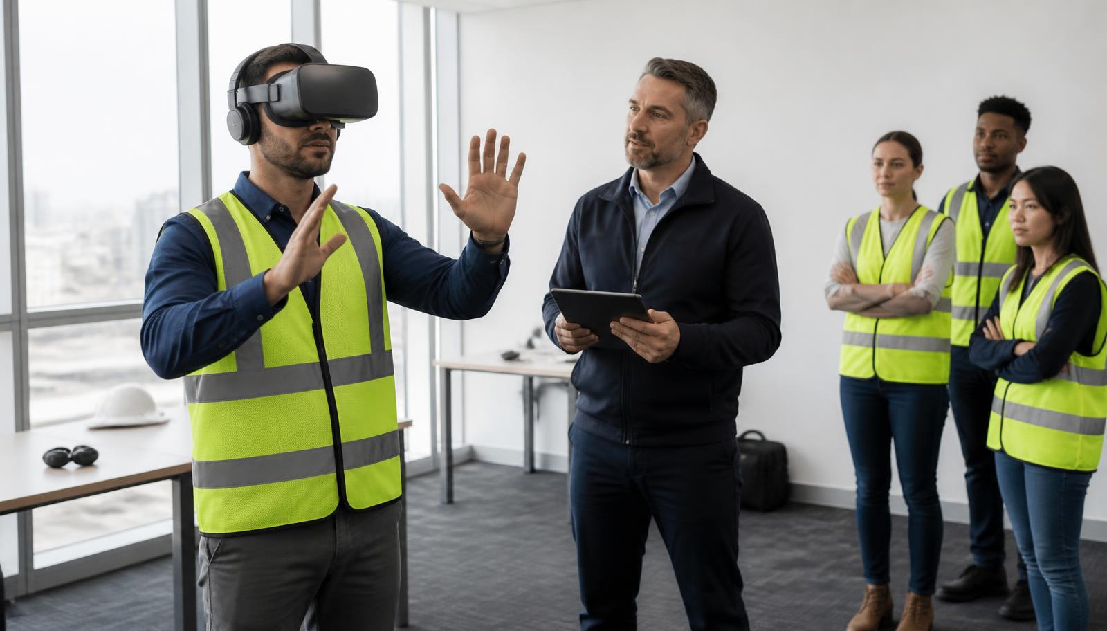 Participante utilizando un visor de Realidad Virtual durante una capacitación en seguridad supervisada por un instructor